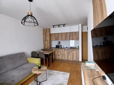 a living room with a couch and a kitchen at Apartman TRIP in Soko Banja