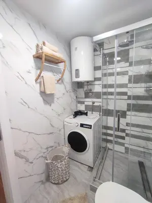 a bathroom with a washing machine and a shower at Zvuk Treske in Kopaonik