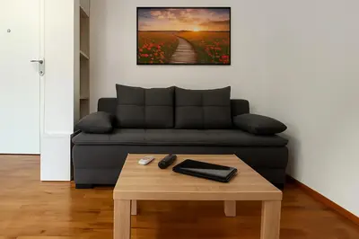 a living room with a couch and a coffee table at Rose casa apartments Vrnjacka Banja in Vrnjci