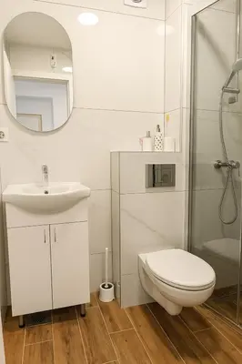 a bathroom with a sink and a toilet and a mirror at Rose casa apartments Vrnjacka Banja in Vrnjci