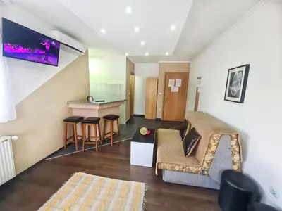 a living room with a couch and a kitchen at Vila Aleksandra 1 Sokobanja in Soko Banja