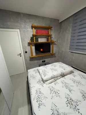 a bedroom with a bed and a fire place at Apartman ViR in Soko Banja