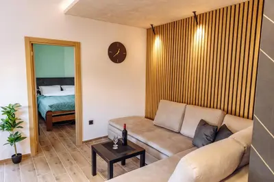 a living room with a couch and a mirror at Apartman Pavlović Lux in Soko Banja