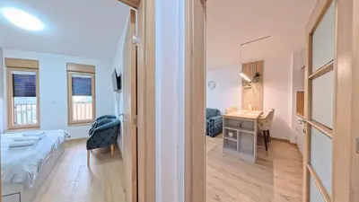 a bedroom with a bed and a desk in a room at Apartmani Central A11 & Free parking in Vrnjci