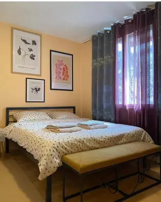 a bedroom with a bed and a window with curtains at Apartman Vida in Soko Banja