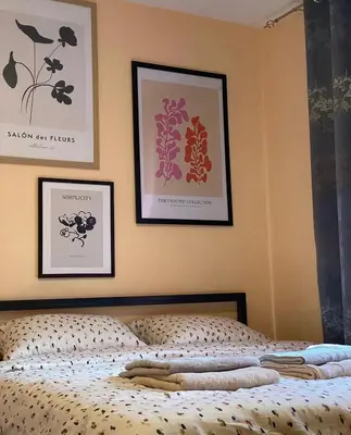a bedroom with a bed with two pictures on the wall at Apartman Vida in Soko Banja