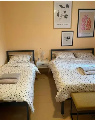 two beds sitting next to each other in a bedroom at Apartman Vida in Soko Banja