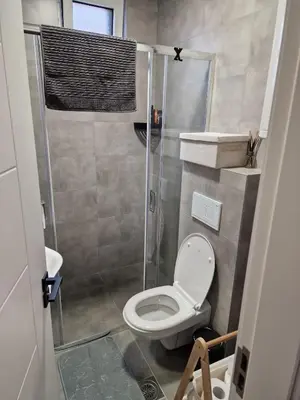 a small bathroom with a toilet and a shower at Apartman Miha Vrnjačka Banja in Vrnjci