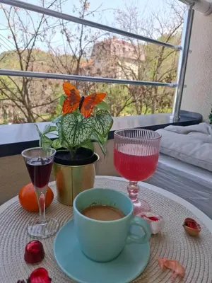 a table with a cup of coffee and a wine glass at Mk Lux Apartman in Soko Banja