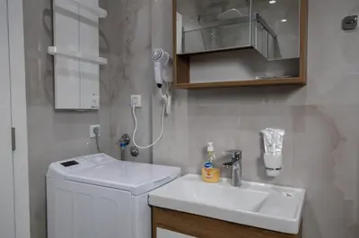 a bathroom with a sink and a washing machine at Apartman Sunce Lux A in Vrnjačka Banja
