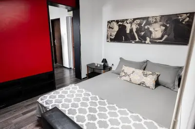 a bedroom with a bed and a red wall at Apartman Maja in Niš