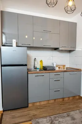 a kitchen with white cabinets and a refrigerator at Toplina Doma Sokobanja in Soko Banja