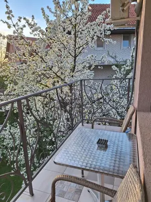 a table and chairs on a balcony with a flowering tree at Guest House Dimitrije in Niška Banja