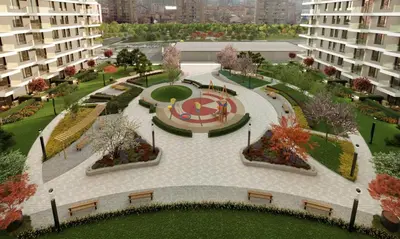 an aerial view of a park with benches in a city at Planet Residence NiNa in Niš