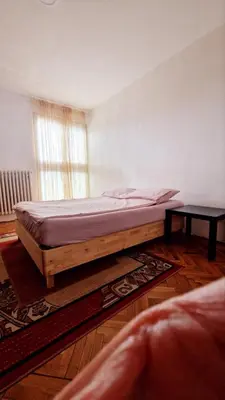 a bedroom with a bed in a room with a window at Apartman19 Resavica in Železnička Stanica Resavica