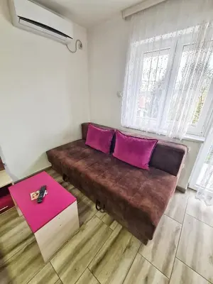 a large couch in a living room with purple pillows at Vila Aleksandra 2 Studio 9 in Soko Banja