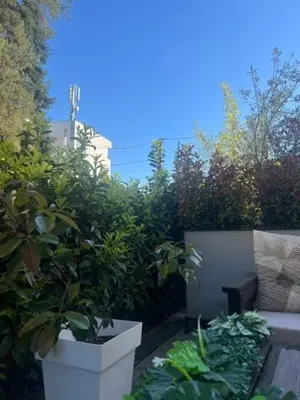 a garden with two large pots of plants at Apartman Korićanac I Vrnjačka Banja in Vrnjačka Banja