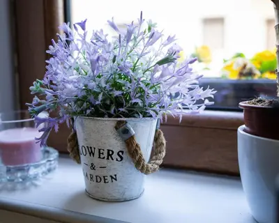 a bucket with flowers in it sitting on a table at Apartman Korićanac I Vrnjačka Banja in Vrnjačka Banja