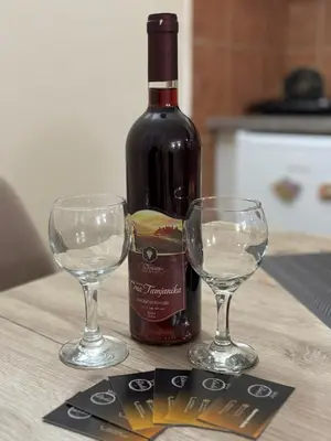 a bottle of wine and two wine glasses on a table at Apartman Đalić in Vrnjačka Banja