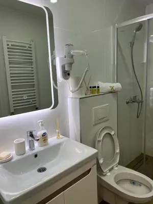 a bathroom with a sink and a shower and a toilet at Apartman Korićanac II Vrnjačka Banja in Vrnjačka Banja