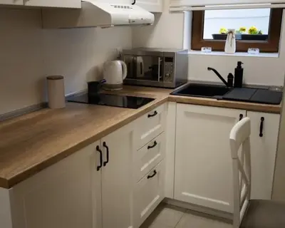 a kitchen with white cabinets and a counter top at Apartman Korićanac II Vrnjačka Banja in Vrnjačka Banja