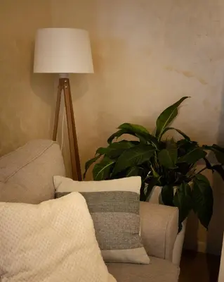a lamp next to a chair and a plant at Apartman Korićanac II Vrnjačka Banja in Vrnjačka Banja
