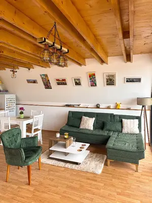 a living room with a green couch and a table at Kod Lutajuceg in Despotovac