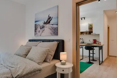 a bedroom with a couch and a desk and a kitchen at Vila Dara in Vrnjačka Banja