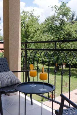 two glasses on a table on a patio at Vila Dara in Vrnjačka Banja