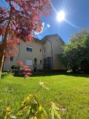 a house on a lawn with the sun in the sky at Vila Dara in Vrnjačka Banja