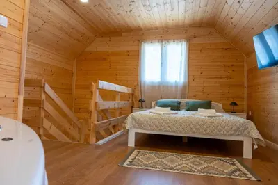 a bedroom with a bed in a log cabin at Brvnare Janković in Goč