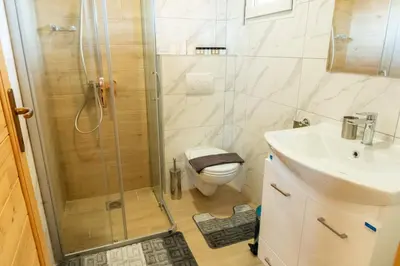 a bathroom with a shower and a toilet and a sink at Brvnare Janković in Goč
