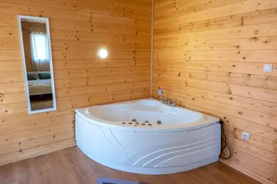 a bathroom with a tub in a wooden wall at Brvnare Janković in Goč