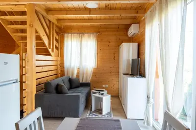 a living room with a couch and a tv at Brvnare Janković in Goč