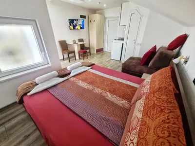 a bedroom with a large bed and a living room at Vila Aleksandra 2 Studio 13 in Soko Banja
