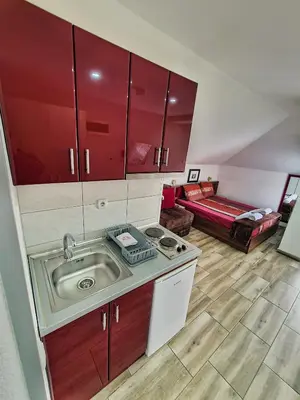 a kitchen with a sink and a living room at Vila Aleksandra 2 Studio 13 in Soko Banja