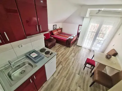 a kitchen with a sink and a living room at Vila Aleksandra 2 Studio 13 in Soko Banja