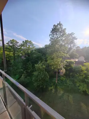 a balcony with a view of a yard with trees at OgiApartman in Vrnjačka Banja