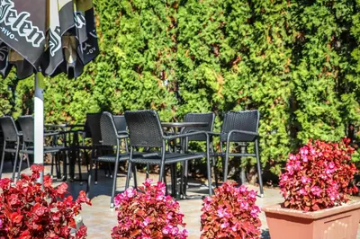 a group of chairs and an umbrella and some flowers at Garni hotel Alma in Pirot