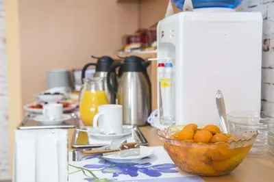 a kitchen counter with a bowl of oranges on it at Garni hotel Alma in Pirot