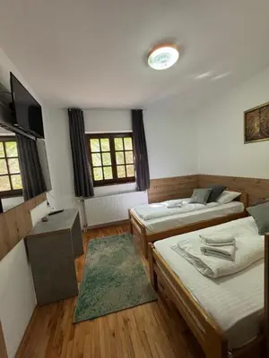 a room with two beds and a television in it at Lisine Ribnjak in Despotovac
