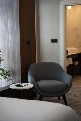 a living room with a chair and a table at Hotel Rubin DHS in Kruševac