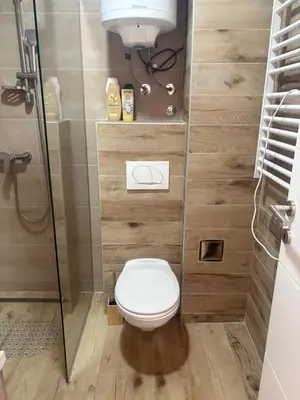 a bathroom with a toilet and a shower at Apartman The Nest in Kopaonik