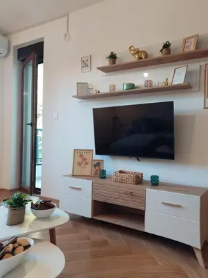 a living room with a flat screen tv on a wall at Nikana in Vrnjačka Banja