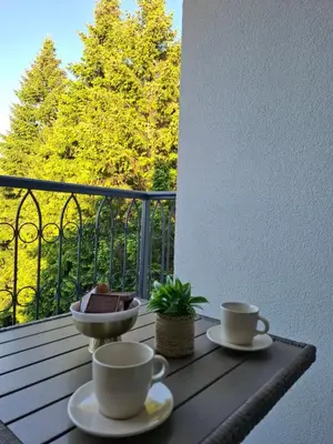 two cups of coffee on a table on a balcony at Nikana in Vrnjačka Banja