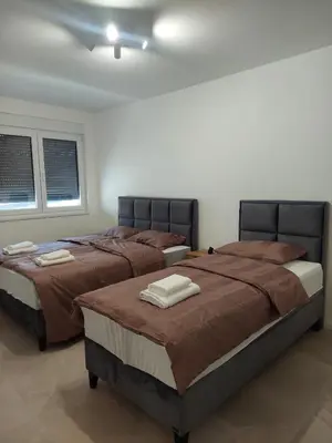 a bedroom with two beds and two windows at Brand new apartment in the city center in Niš