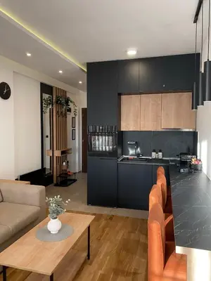 a kitchen and living room with a couch and a table at NLux Nest Milmari in Kopaonik