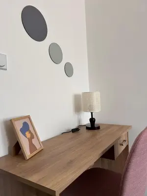 a desk with a lamp and a picture on it at Apartmani Dana in Vranje