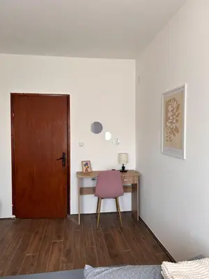 a room with a desk and a wooden door at Apartmani Dana in Vranje