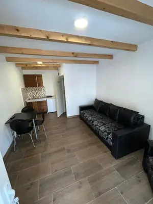 a living room with a black couch and a kitchen at Studio in Soko Banja